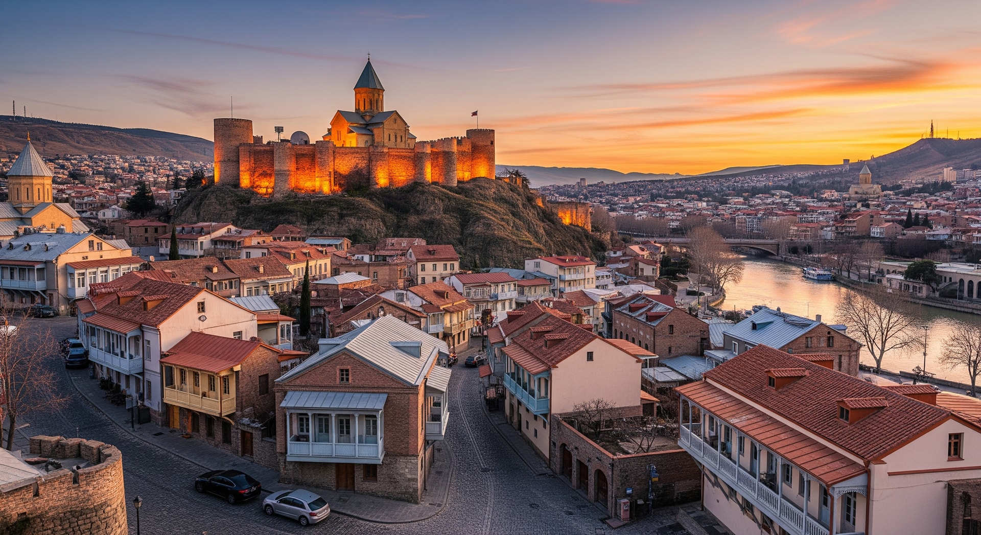 Tbilisi old town with traditional architecture and Narikala Fortress