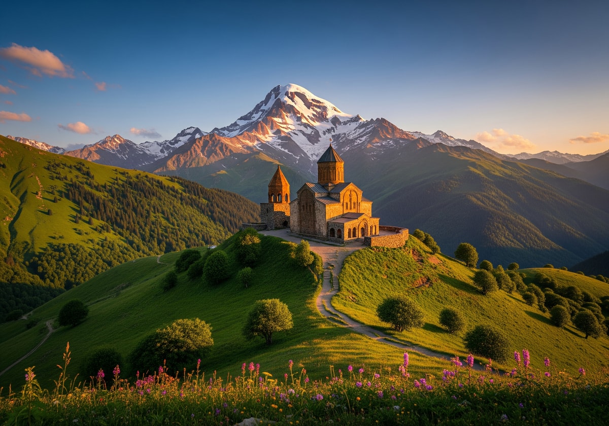 Gergeti Trinity Church against Mount Kazbek backdrop