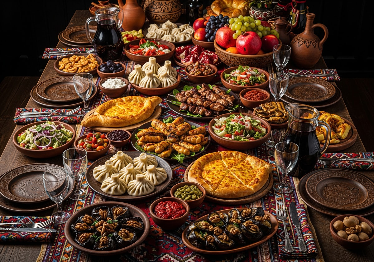 Traditional Georgian supra feast table with dishes