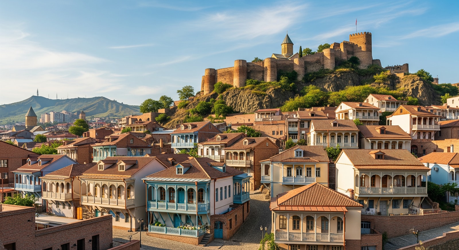 Colorful traditional houses in Tbilisi's old town with Narikala Fortress above