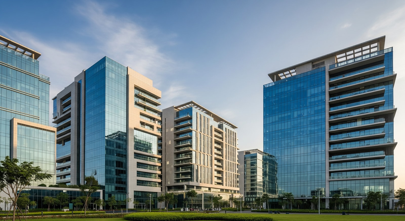 Modern tech park office buildings in Bangalore's Electronic City
