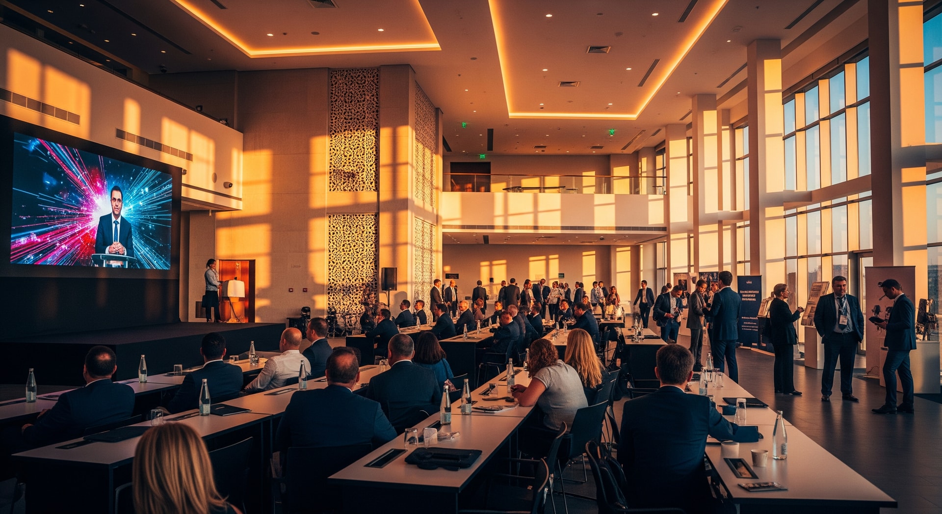 Modern conference center in India with professionals attending an international event