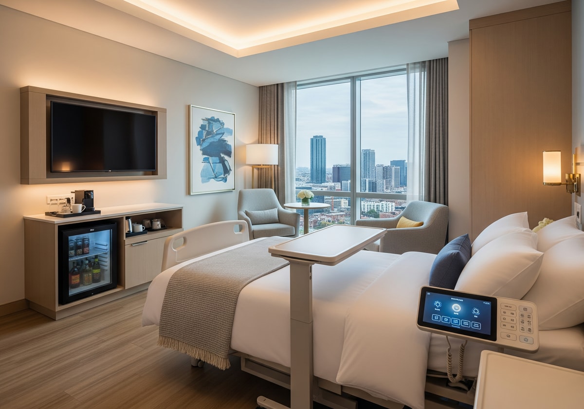 Modern hospital room with international patient amenities