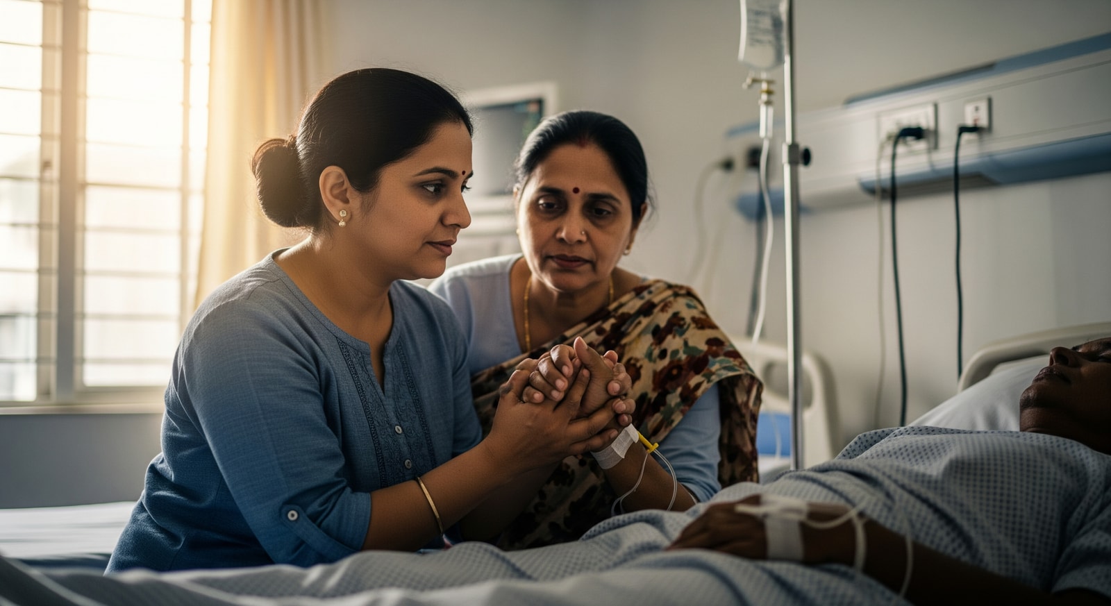 Family member supporting patient in Indian hospital setting