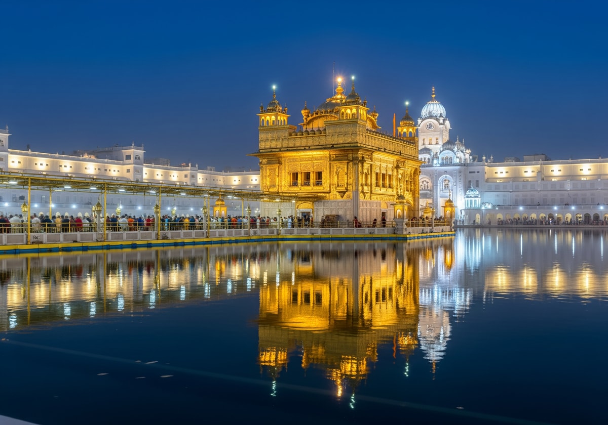 Golden Temple in Amritsar illuminated at night