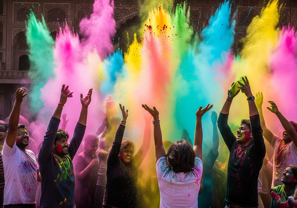 Colorful Holi festival celebrations with people throwing colored powder