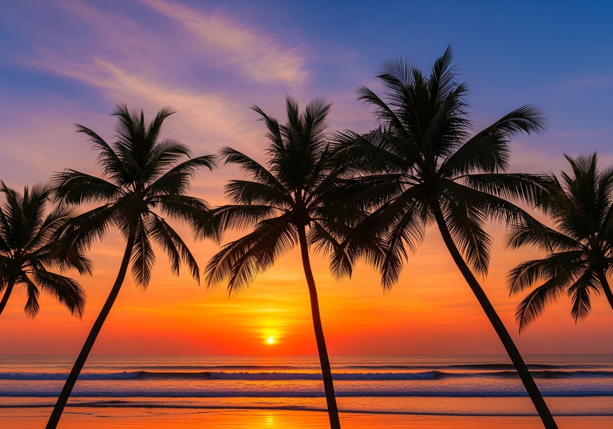 Beach sunset in Goa with palm trees silhouette
