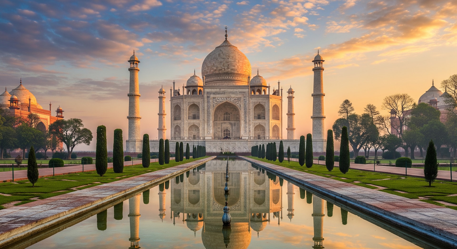 Taj Mahal at sunrise with reflecting pool in Agra, India