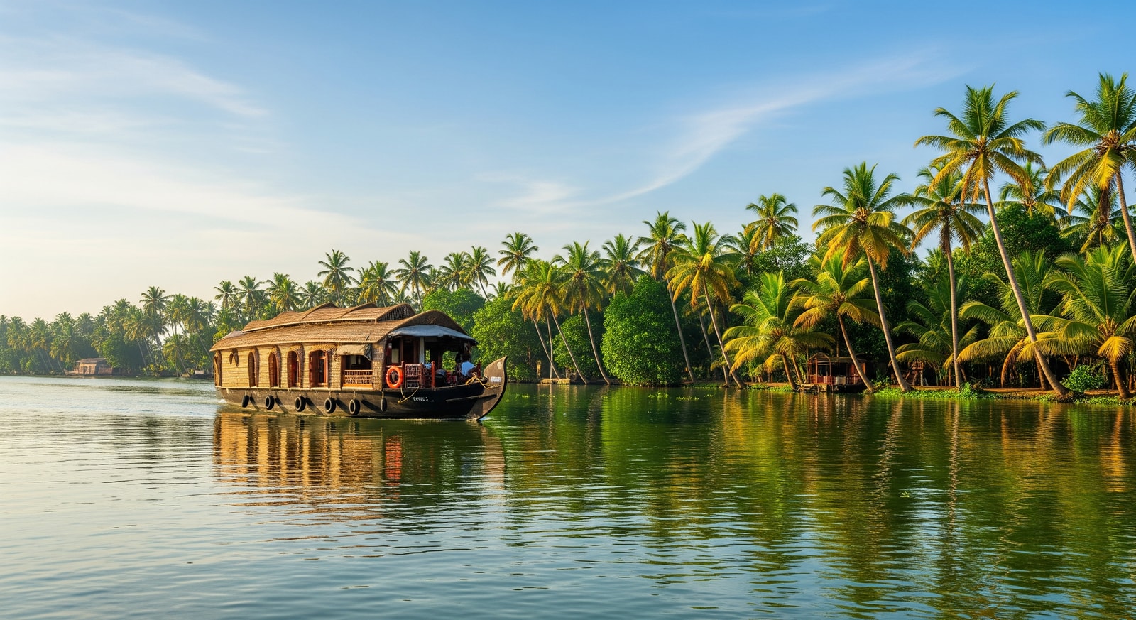 Traditional houseboat on Kerala backwaters surrounded by palm trees