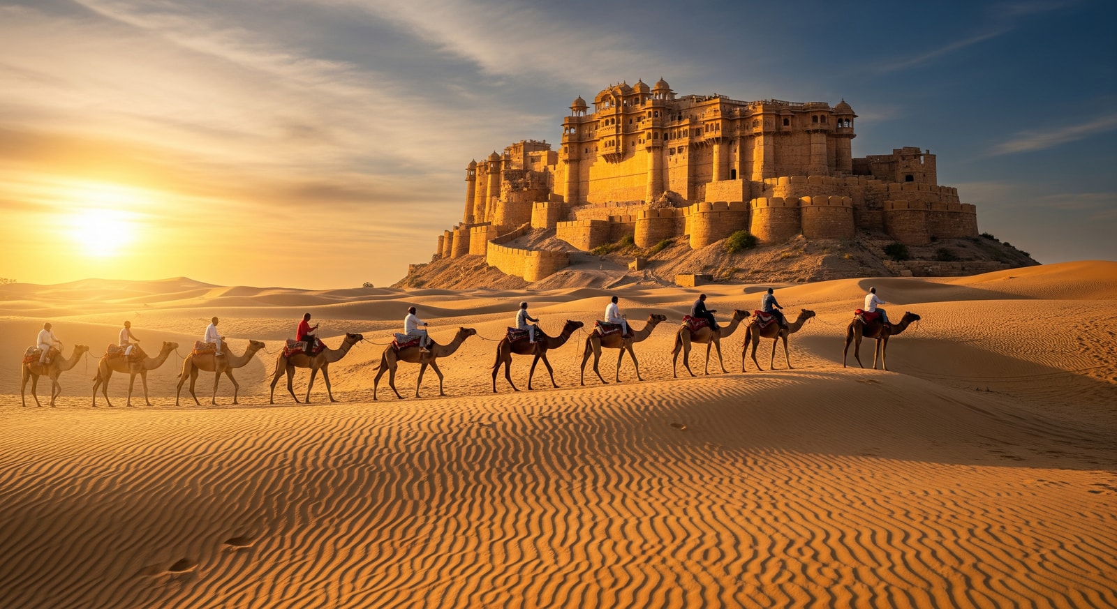 Camel safari in Rajasthan desert with Jaisalmer fort in background