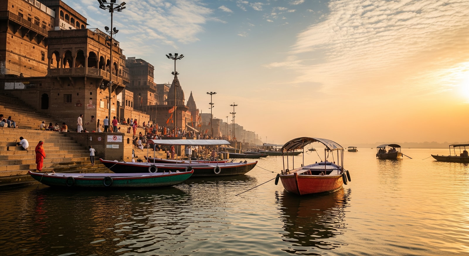 Ghats of Varanasi along the Ganges River at sunrise with boats