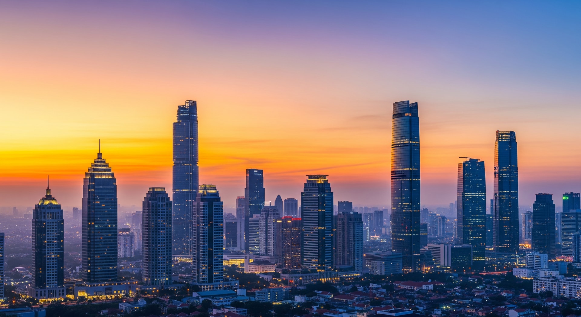 Modern Jakarta business district skyline with skyscrapers at sunset
