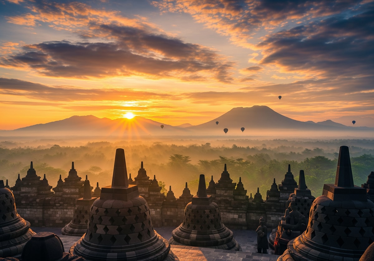 Stunning sunrise view at Borobudur temple in Java