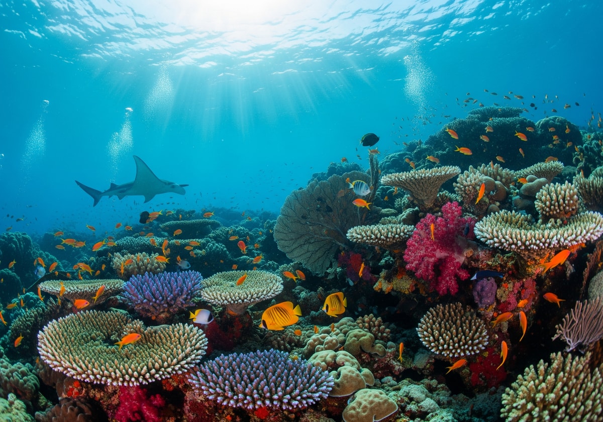 Colorful underwater coral reef scene in Raja Ampat