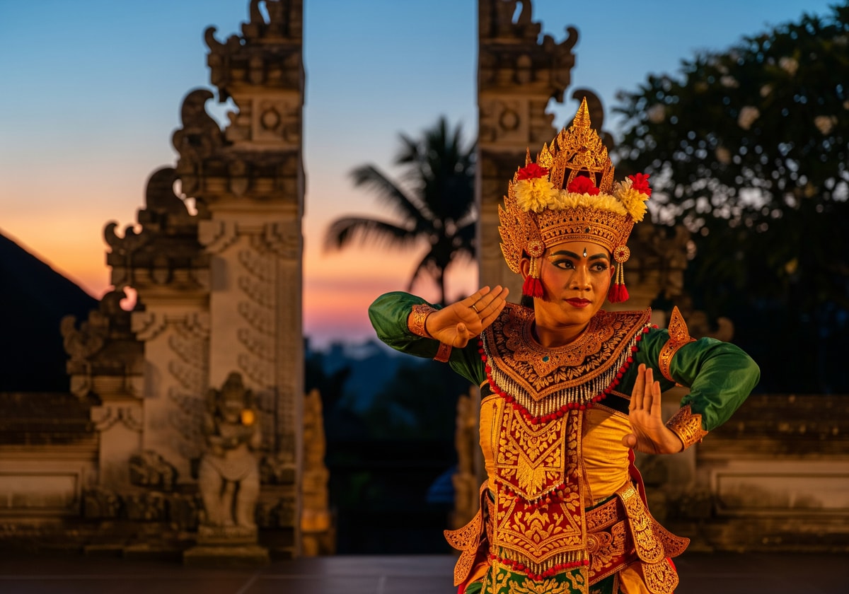 Traditional Balinese dance performance with elaborate costumes