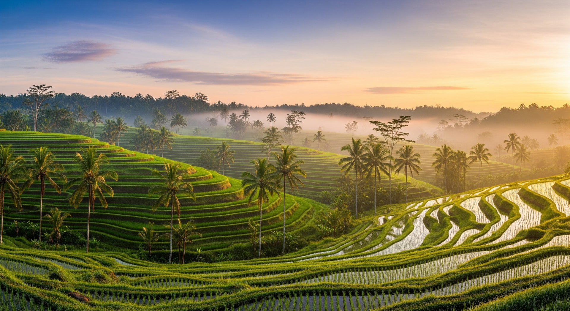 Beautiful rice terraces in Bali, Indonesia with palm trees and morning mist