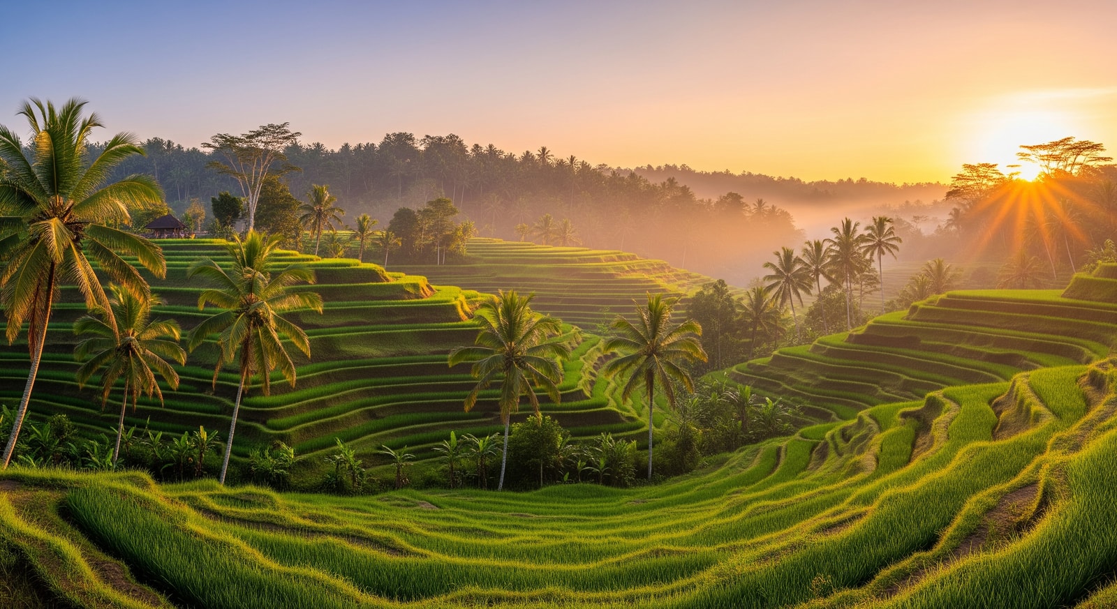 Scenic view of Ubud's famous Tegallalang rice terraces with palm trees