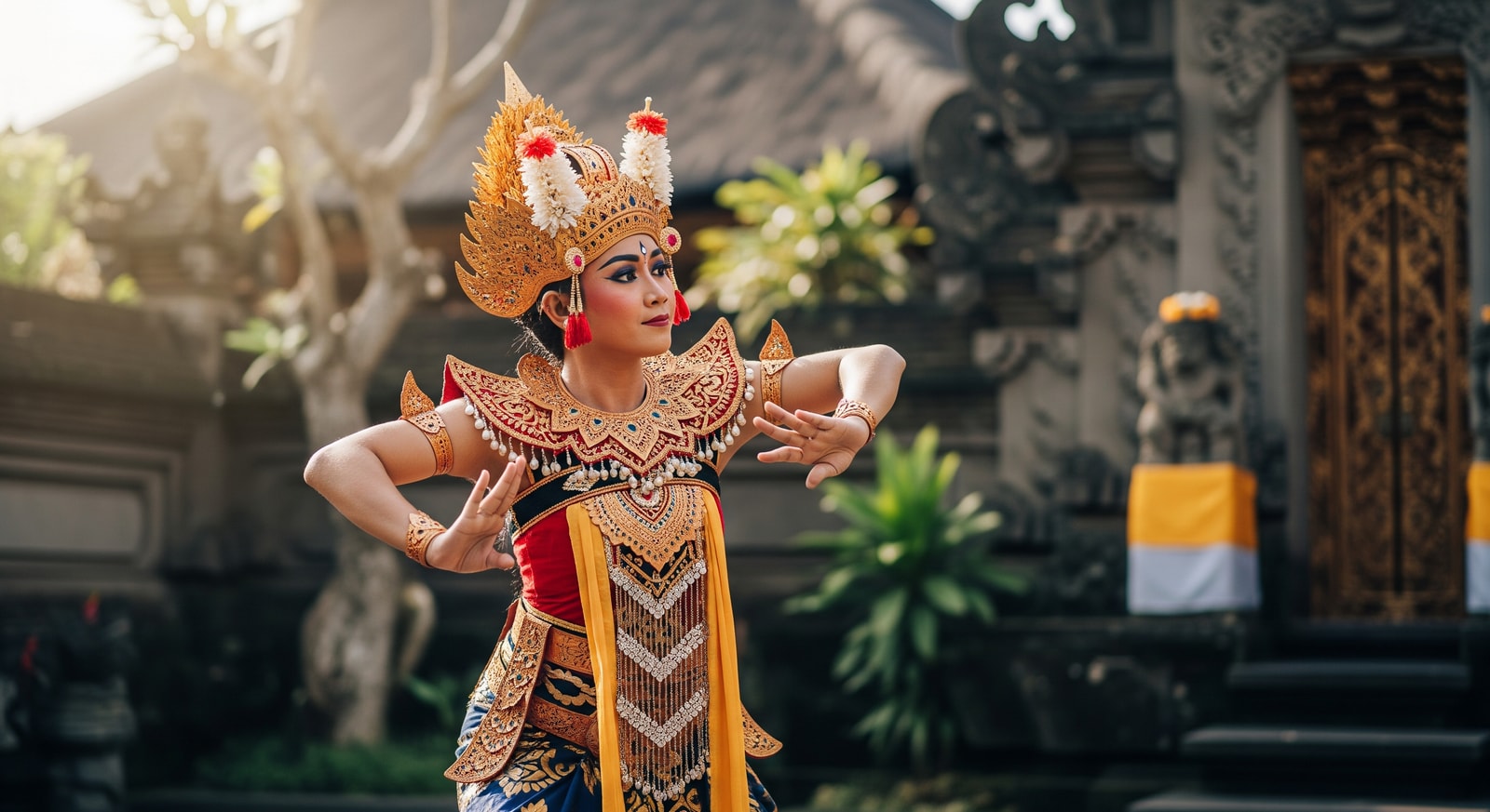 Traditional Balinese dancer in ornate costume performing cultural dance