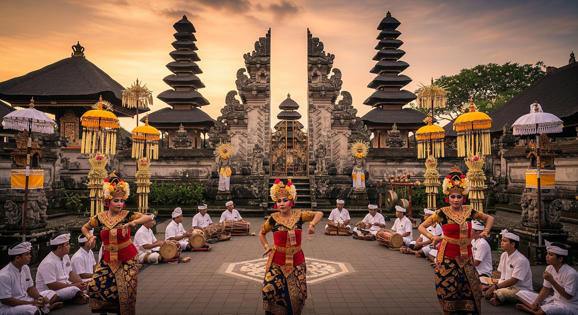 Beautiful Balinese temple ceremony with traditional dancers and cultural performances