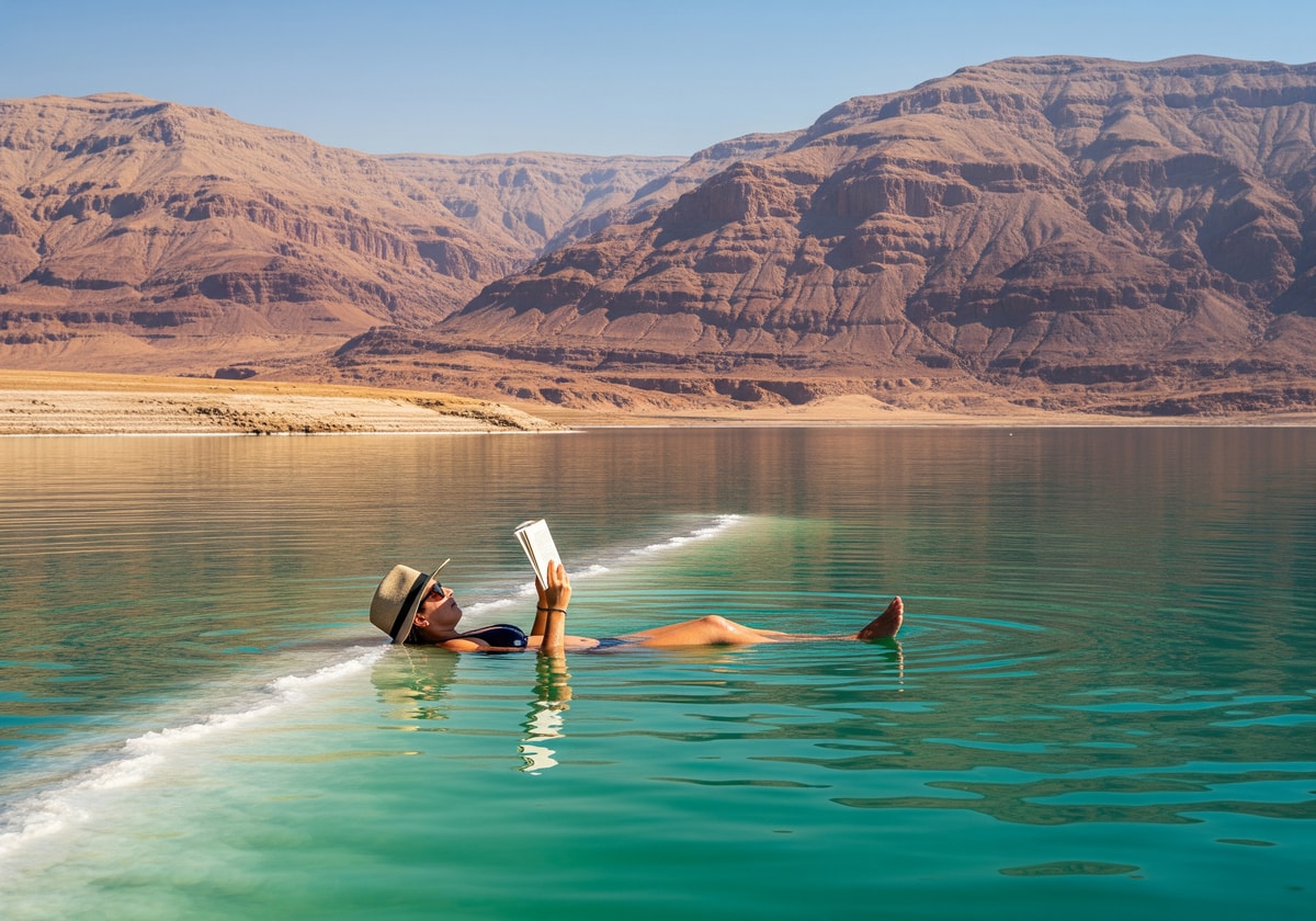 Person floating effortlessly in the Dead Sea with desert mountains behind