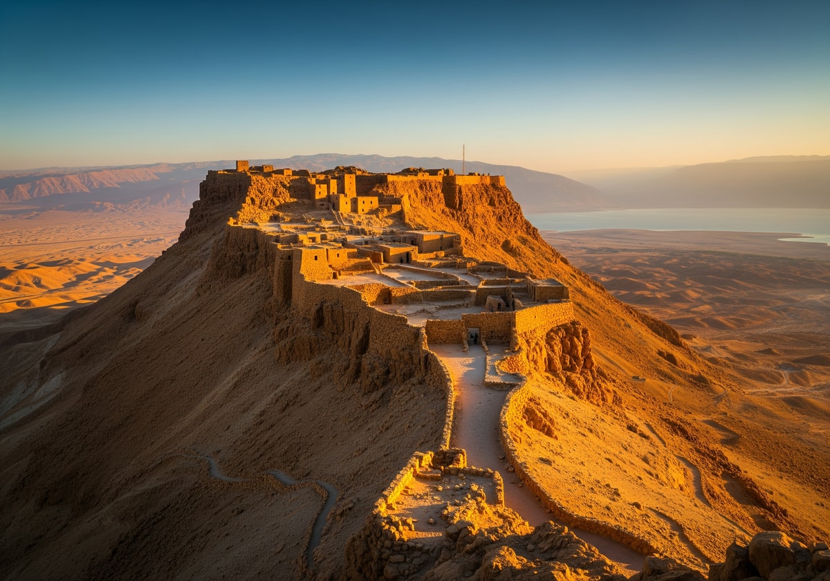 Ancient fortress of Masada on clifftop overlooking the desert