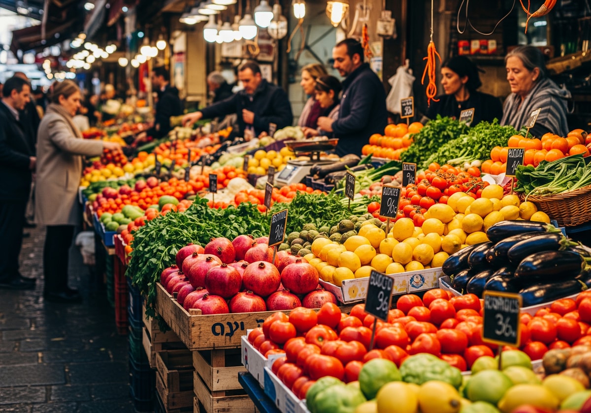 Colorful stalls of fresh produce at Machane Yehuda market in Jerusalem