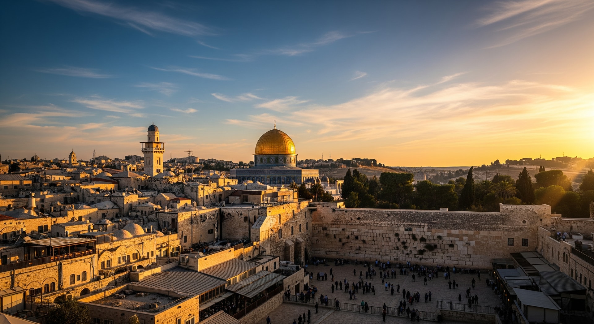 Historic Old City of Jerusalem with the golden Dome of the Rock at sunset