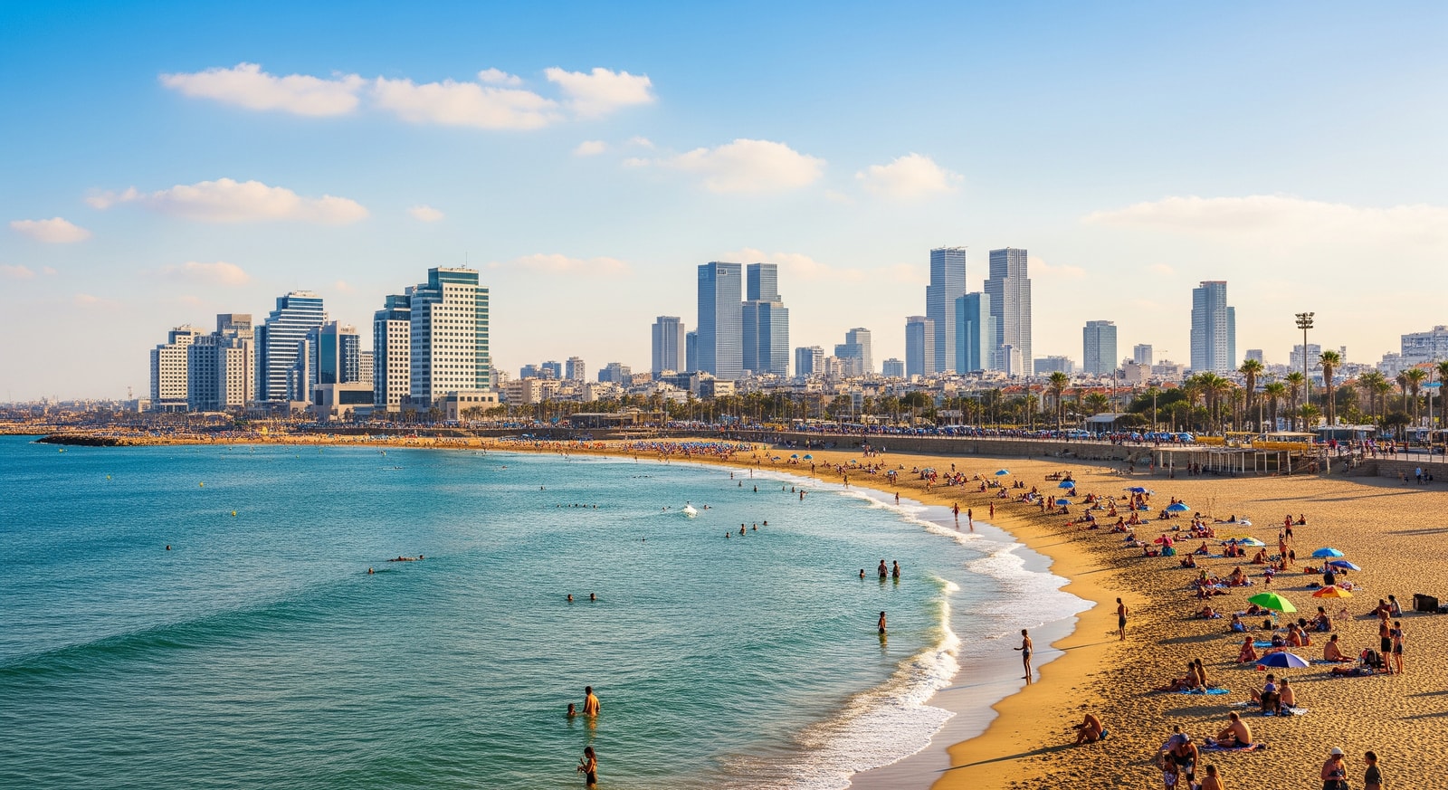 Modern skyline of Tel Aviv with Mediterranean beach in the foreground