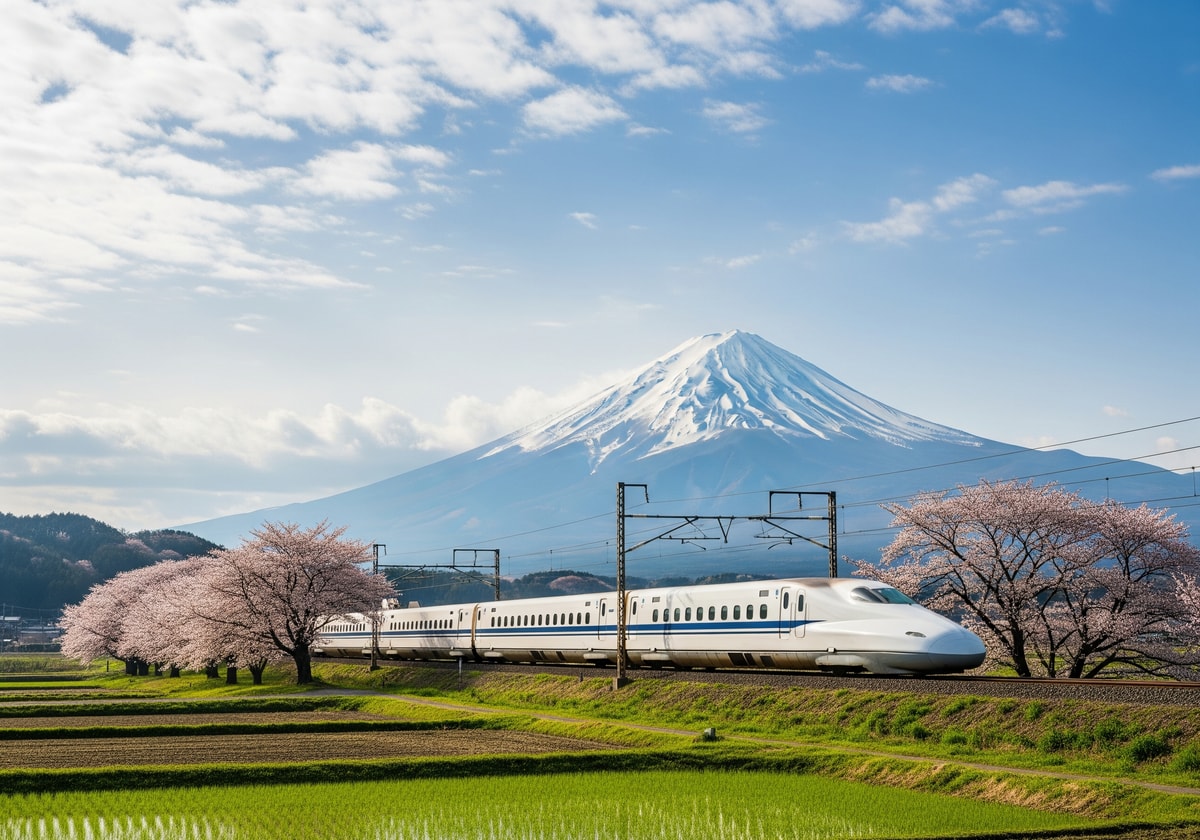 Shinkansen bullet train passing Mount Fuji