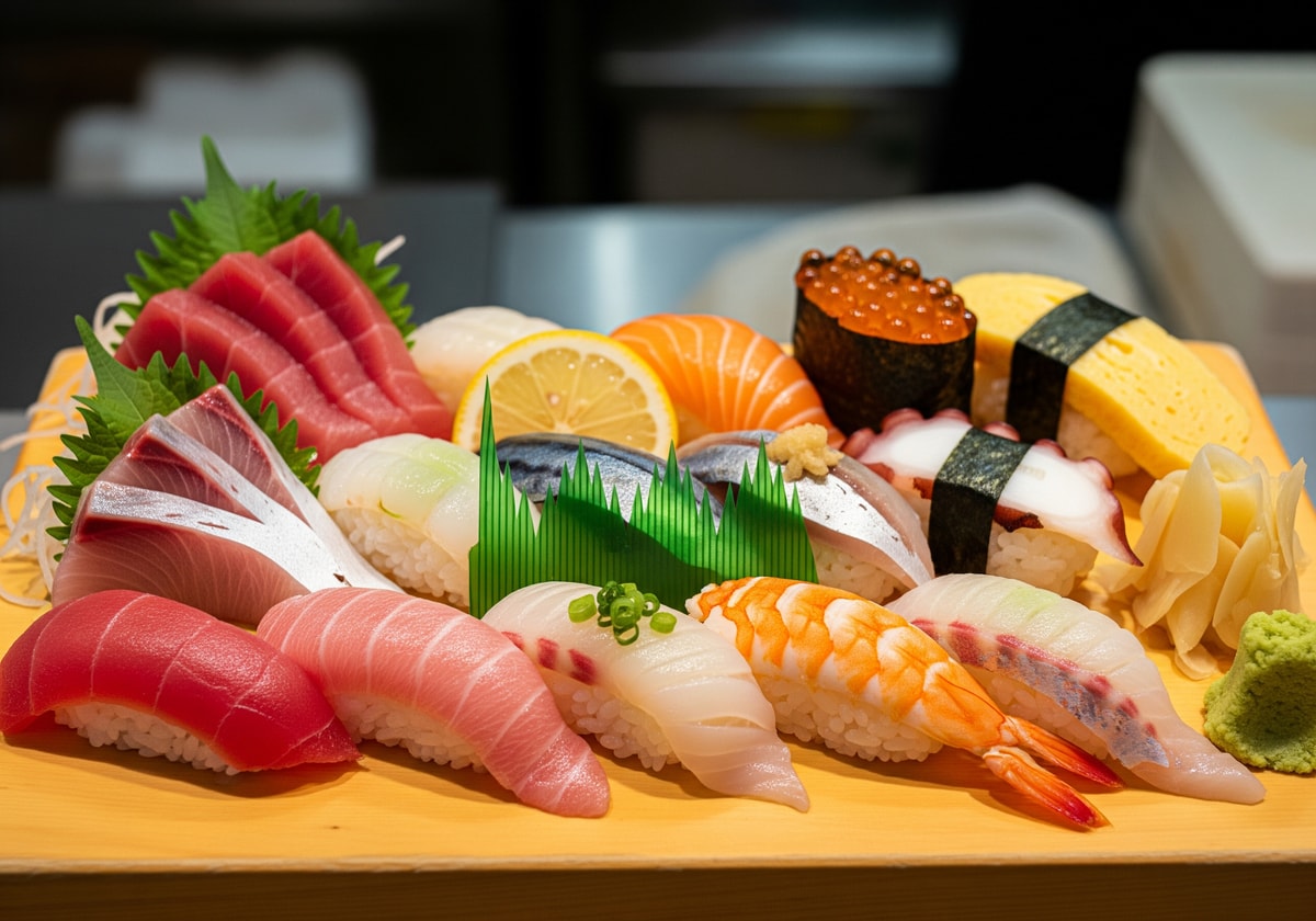 Fresh sushi platter at Tsukiji fish market