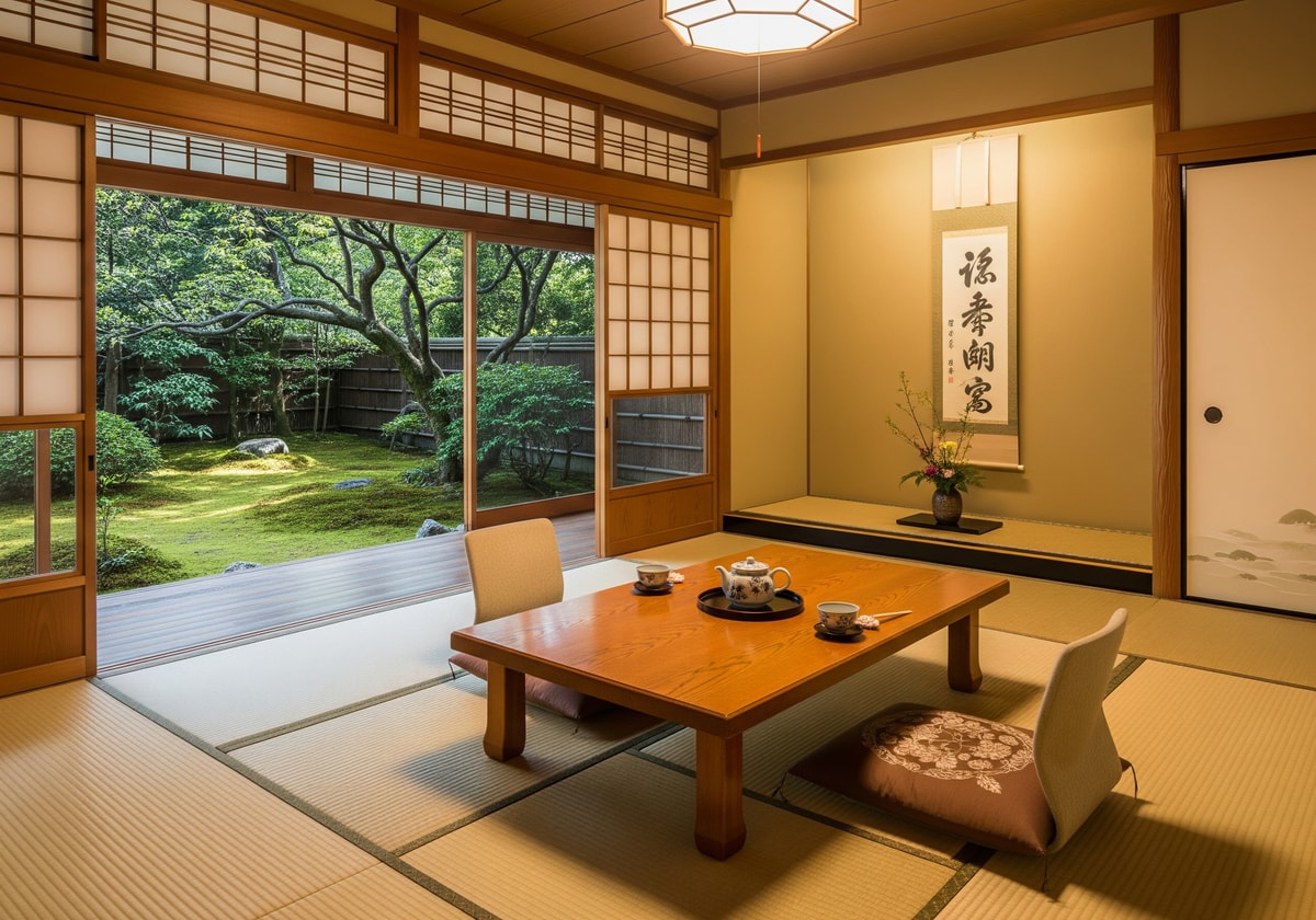 Traditional Japanese ryokan room with tatami mats and shoji screens