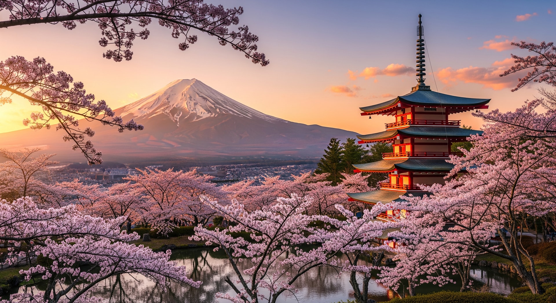Mount Fuji with cherry blossoms and traditional pagoda in Japan