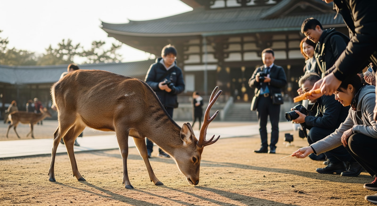 Friendly deer bowing to visitors in Nara Park with temple in background