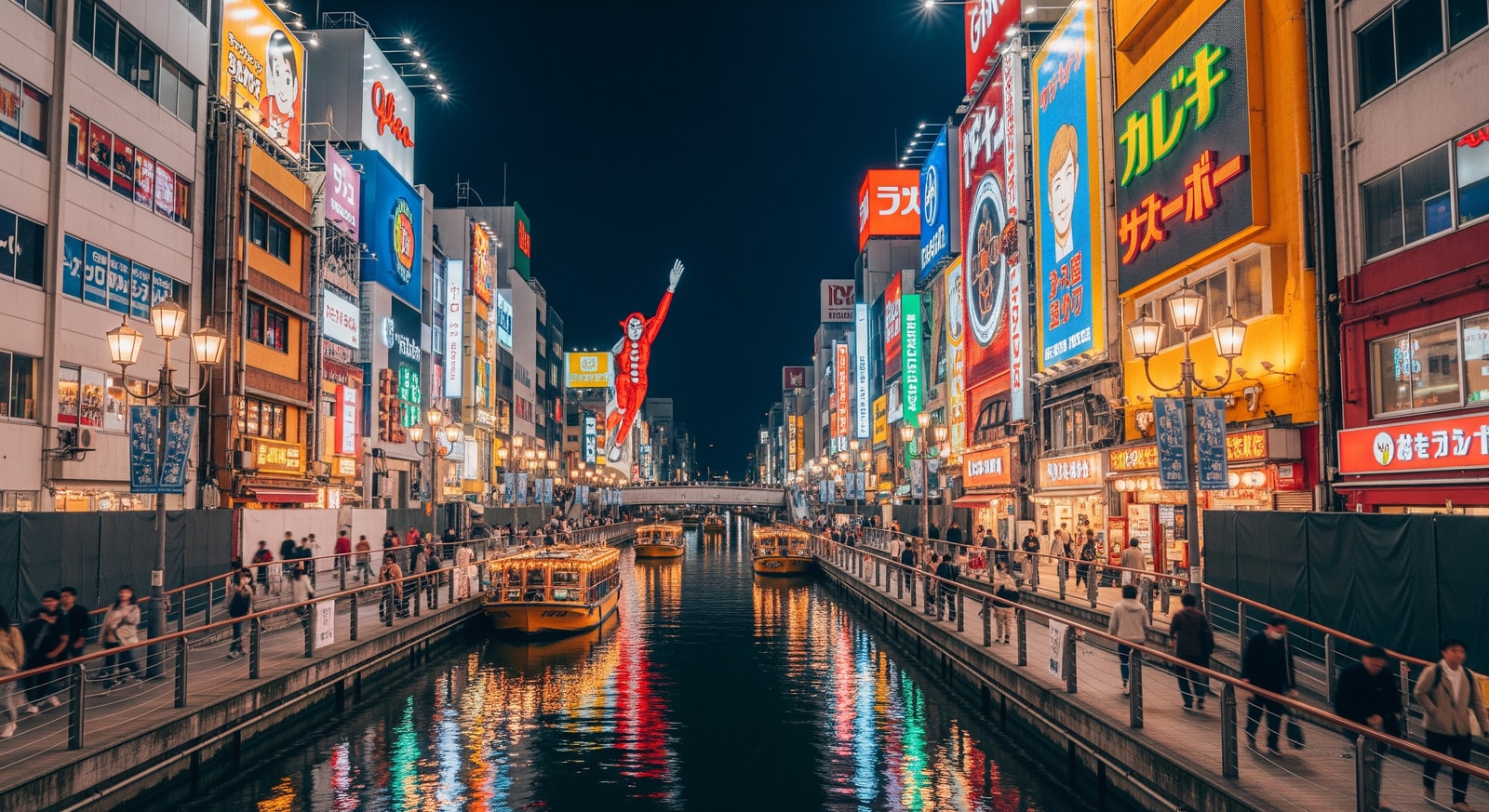 Dotonbori district in Osaka at night with neon signs and canal
