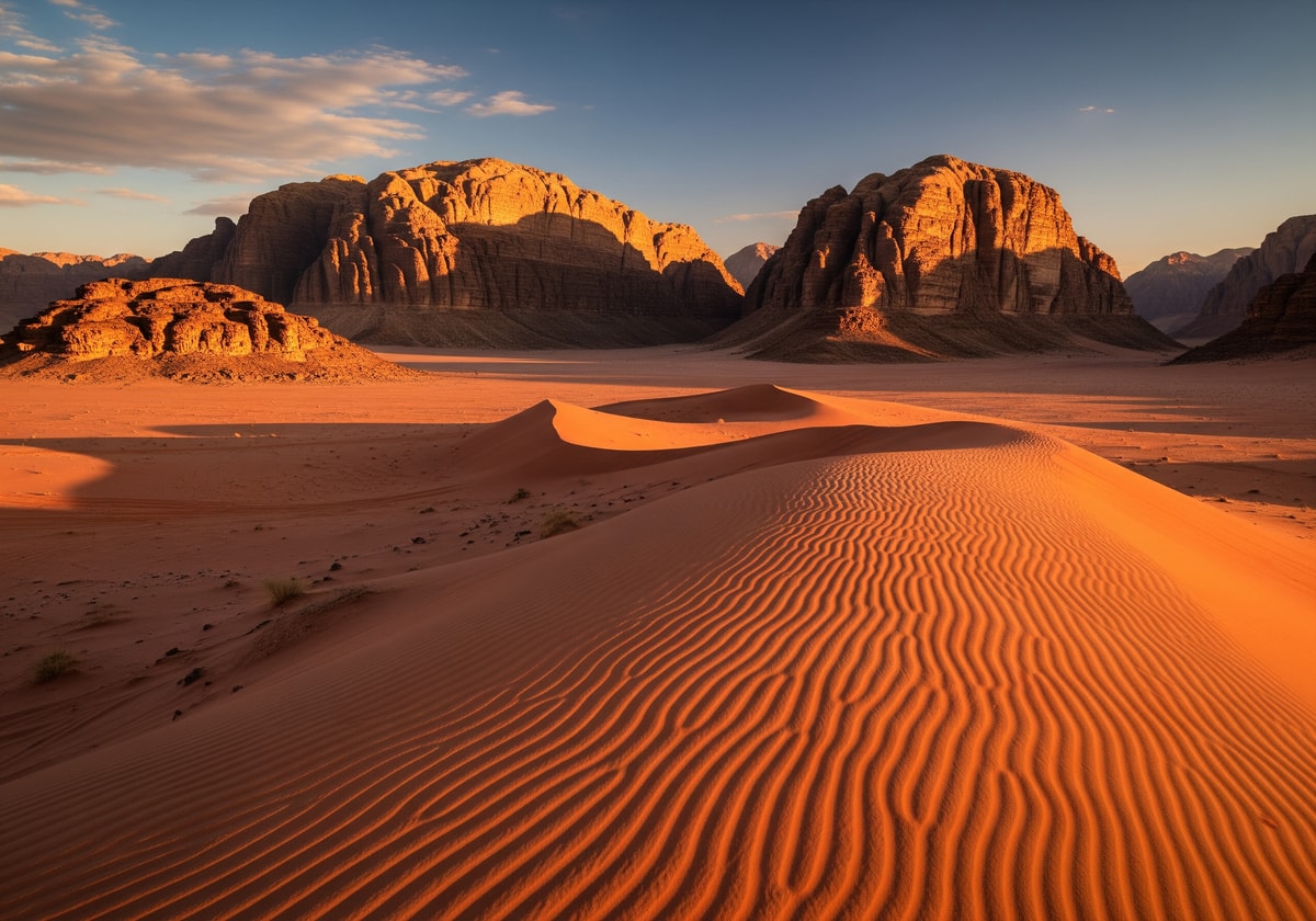Desert landscape of Wadi Rum with red sand dunes