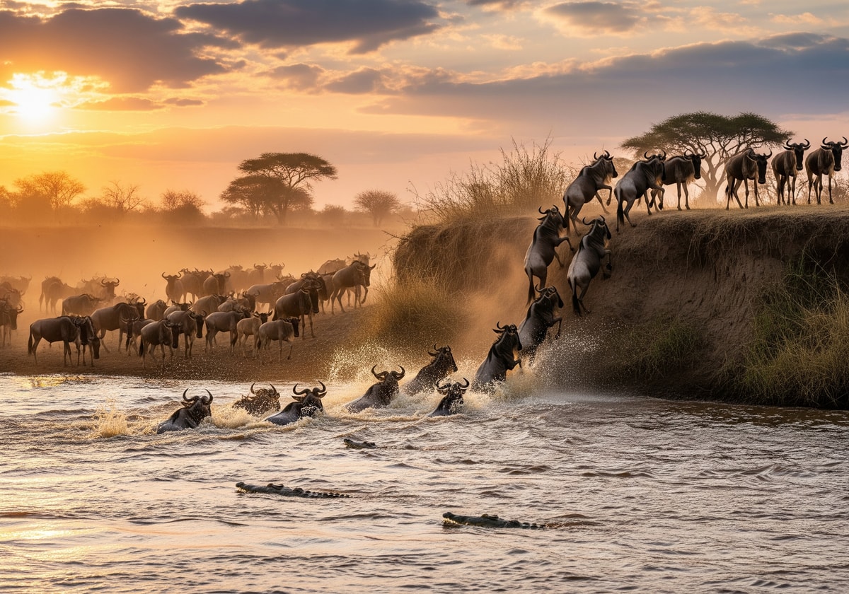 Wildebeest crossing the Mara River during the Great Migration