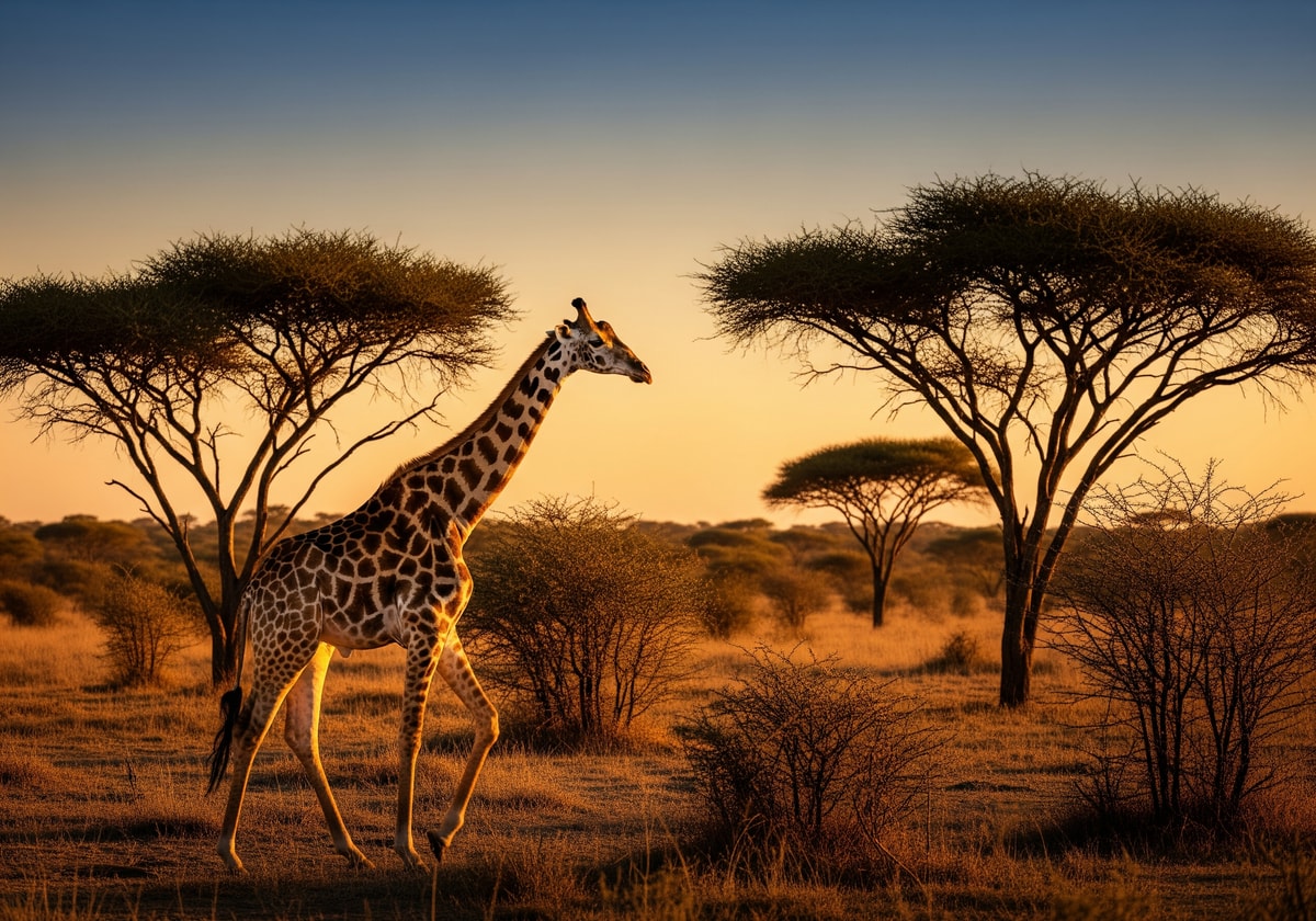 Giraffe walking through acacia trees at golden hour