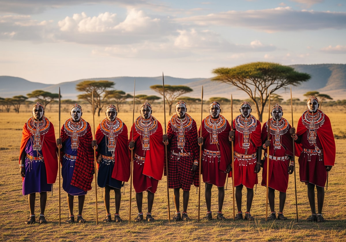 Maasai warriors in traditional red clothing and jewelry