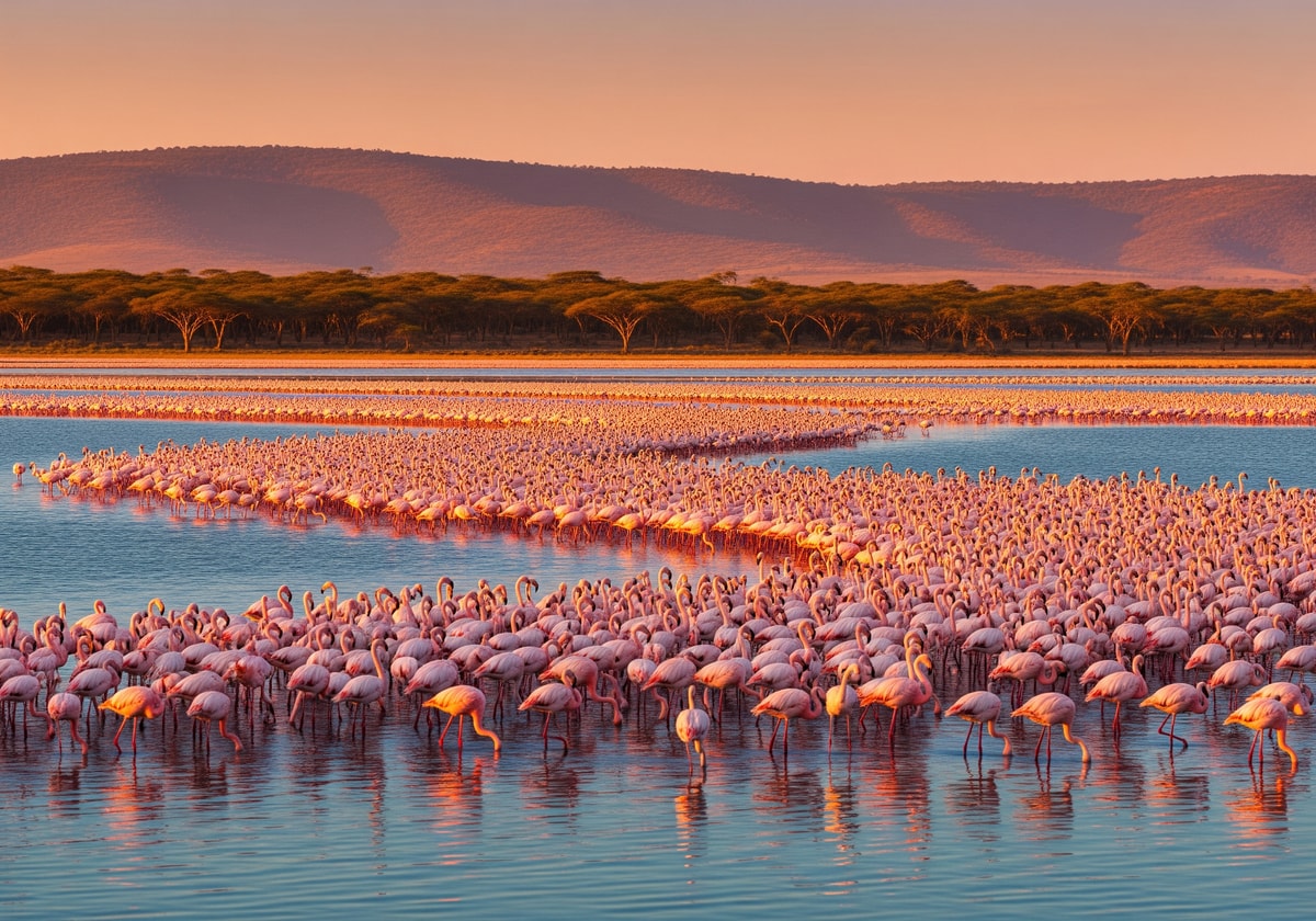 Flamingos gathered at Lake Nakuru creating a pink shoreline