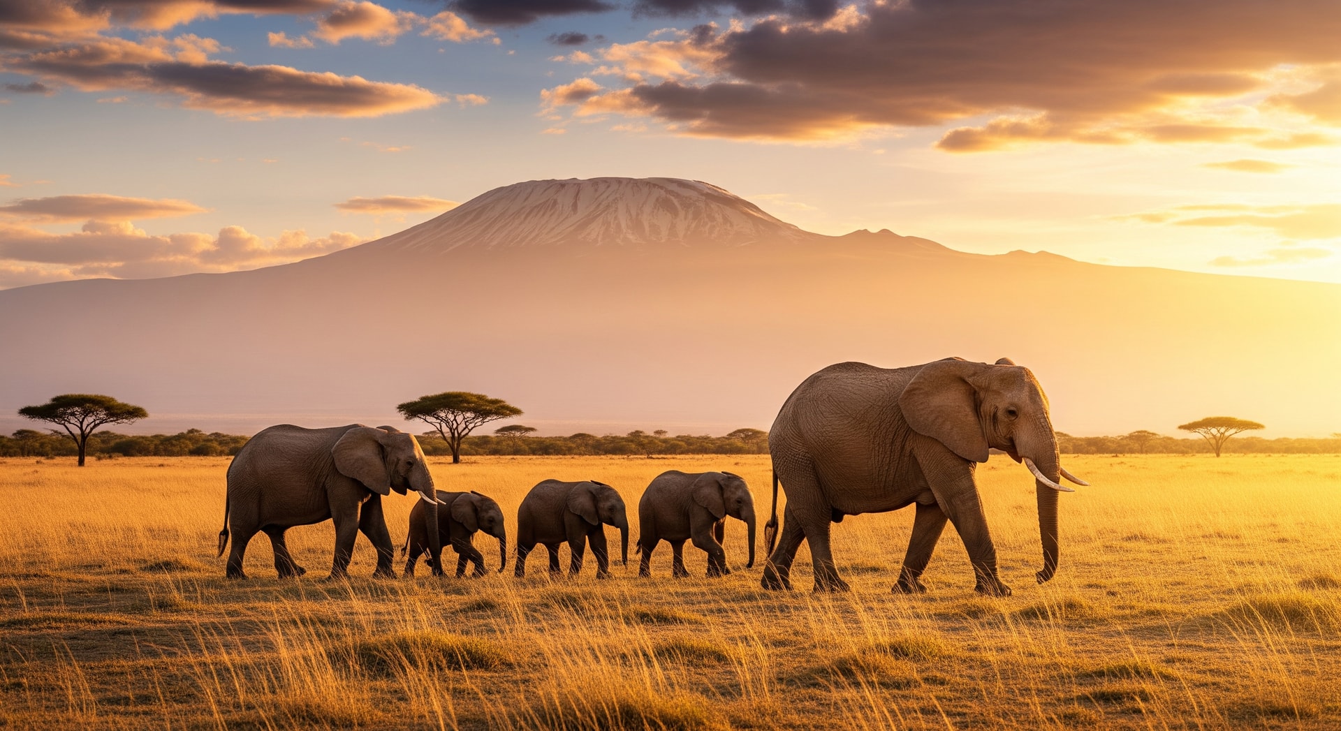 Majestic elephants walking across the Kenyan savanna with Mount Kilimanjaro in the background