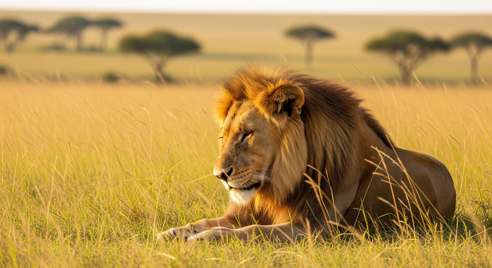 Lion resting in the golden grass of the Masai Mara National Reserve