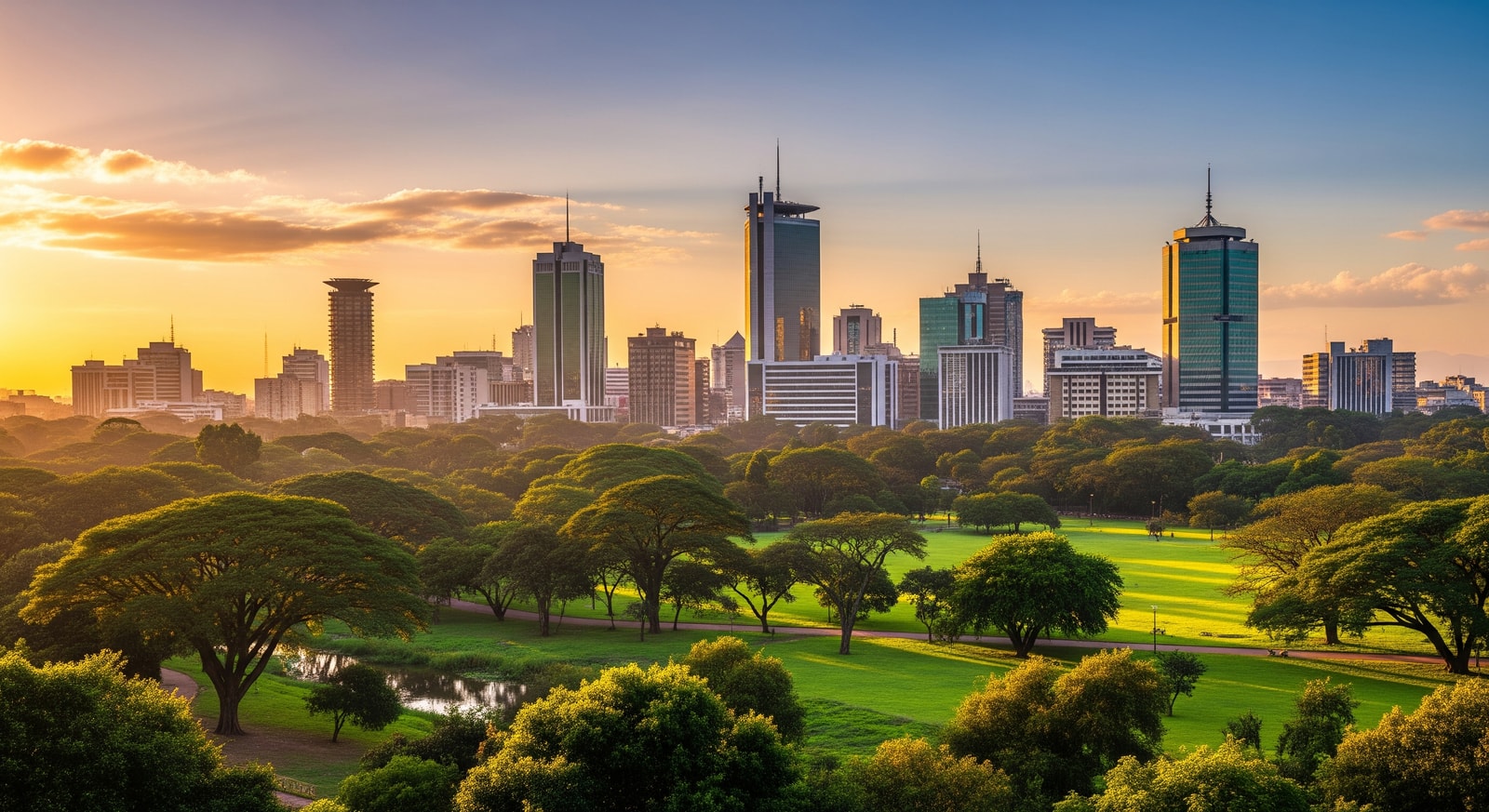 Modern skyline of Nairobi with green parkland in the foreground