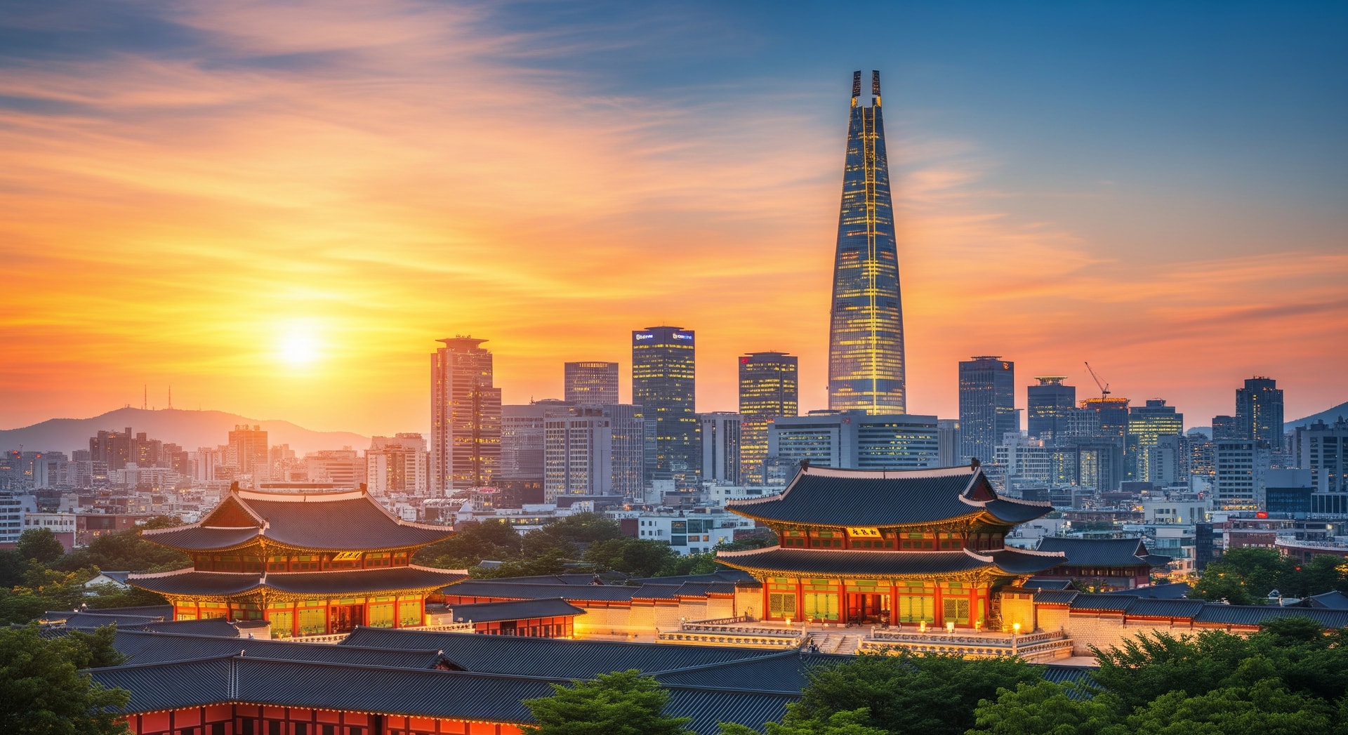 Seoul cityscape with traditional palace and modern skyscrapers at sunset