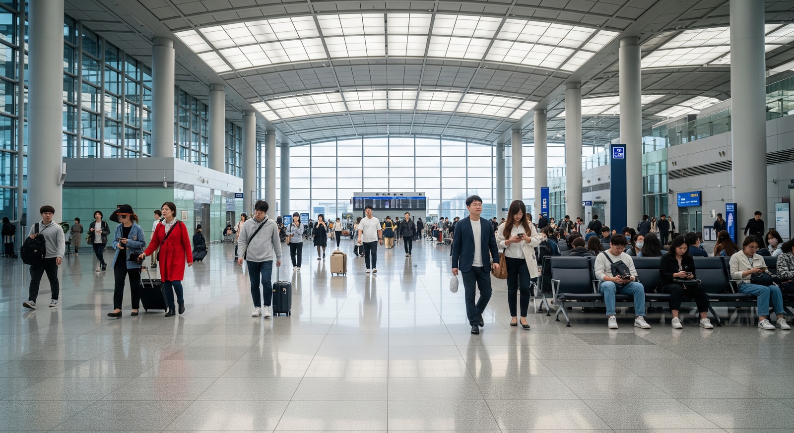 Modern interior of Incheon International Airport with travelers