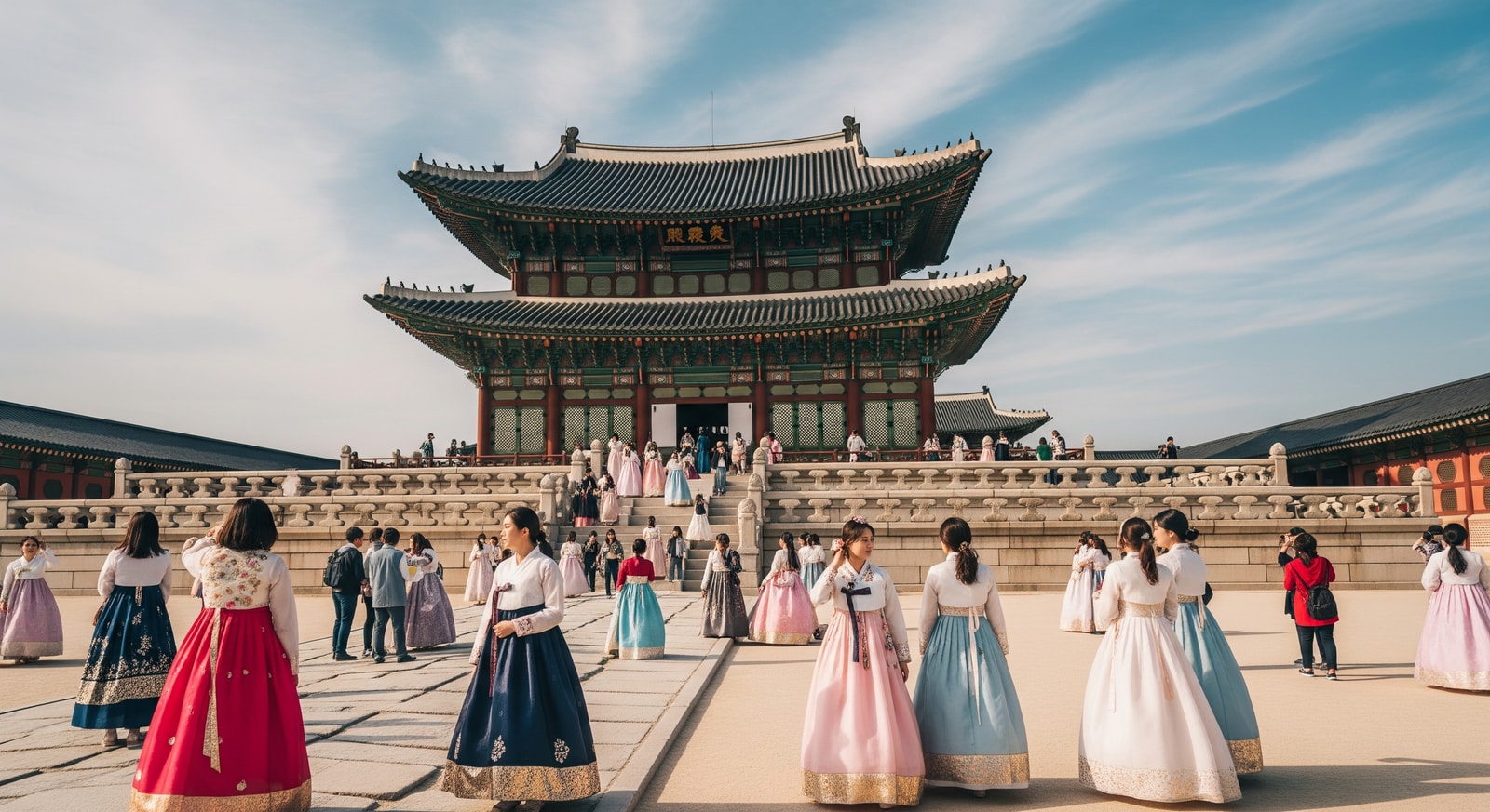 Gyeongbokgung Palace in Seoul with visitors in traditional hanbok
