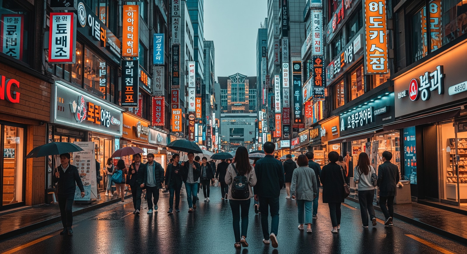 Vibrant street in Myeongdong Seoul with neon signs and shoppers