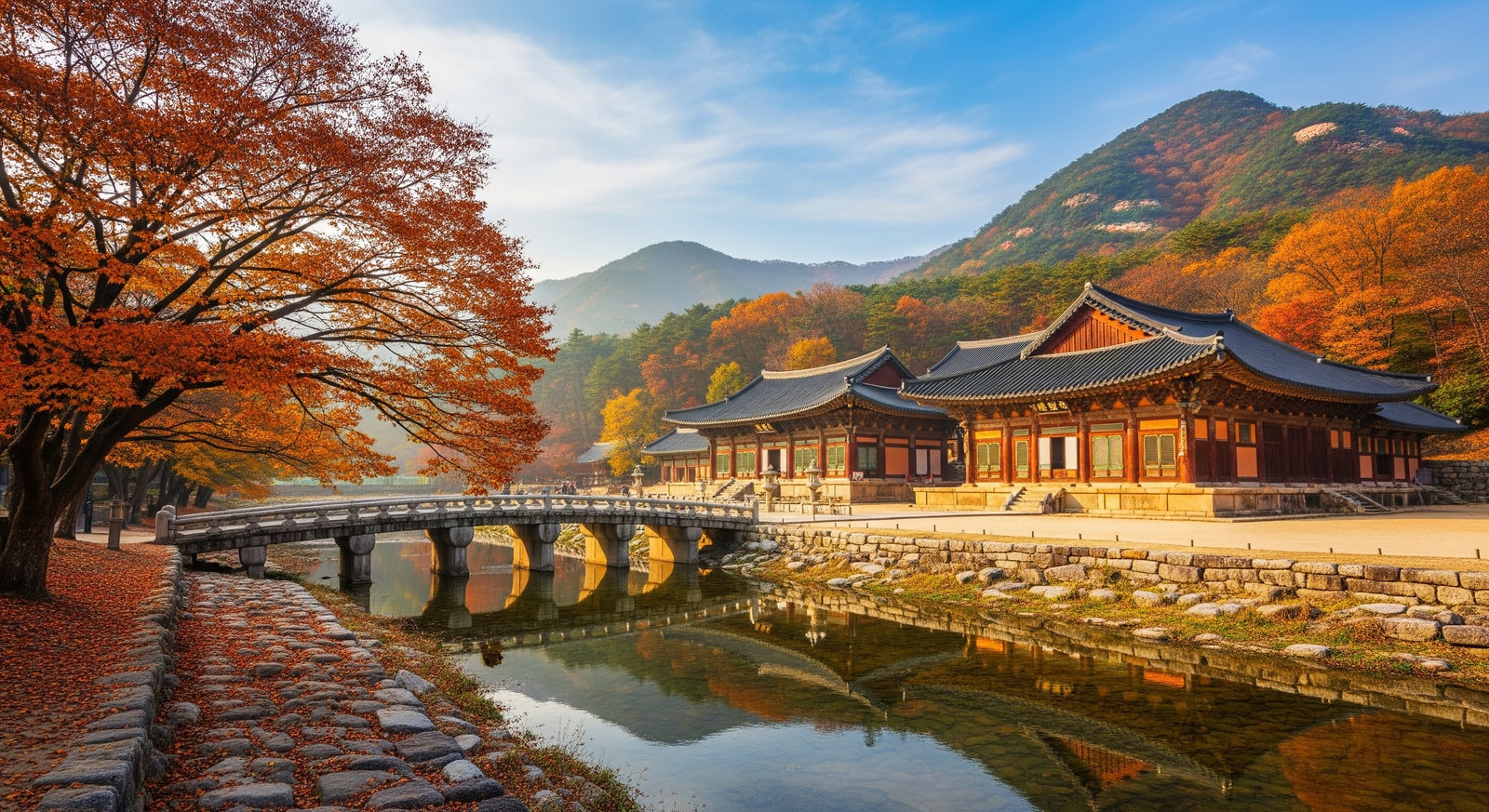 Ancient Bulguksa Temple in Gyeongju South Korea surrounded by fall foliage