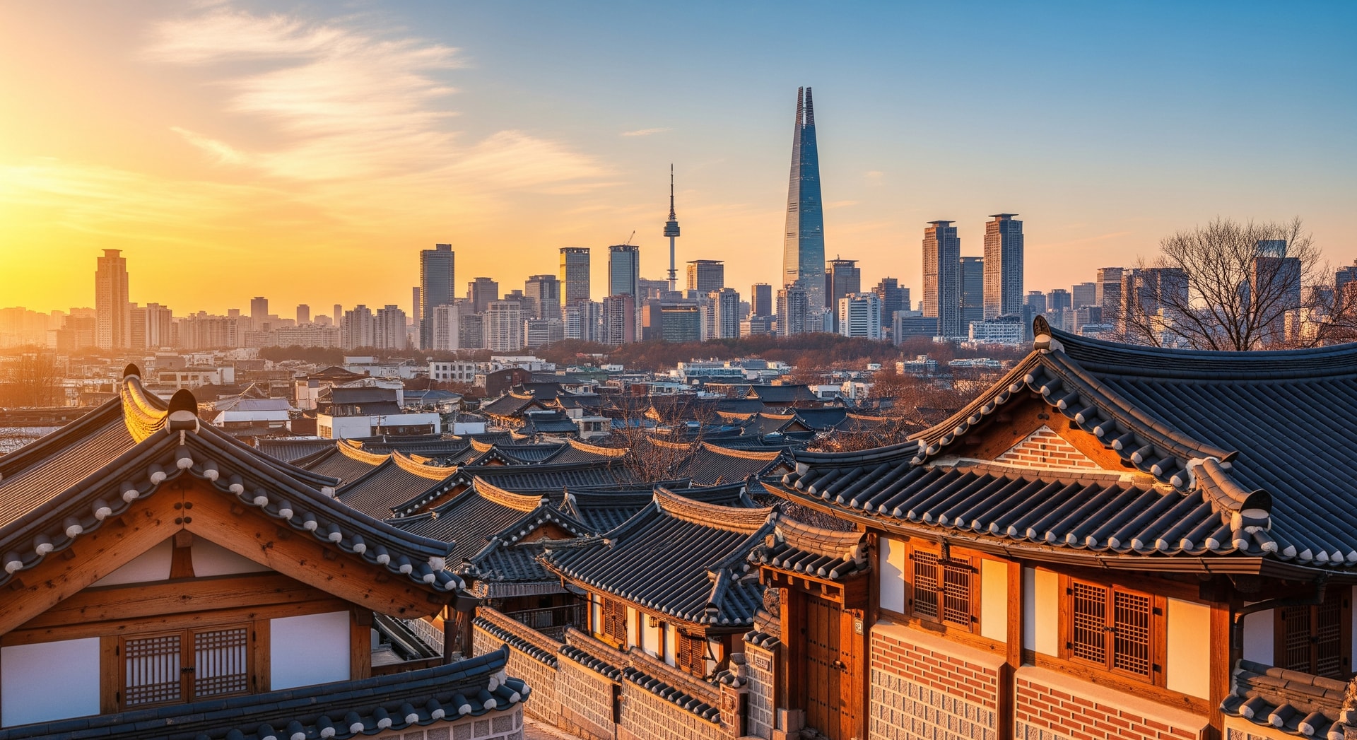Bukchon Hanok Village traditional houses with Seoul skyline in background