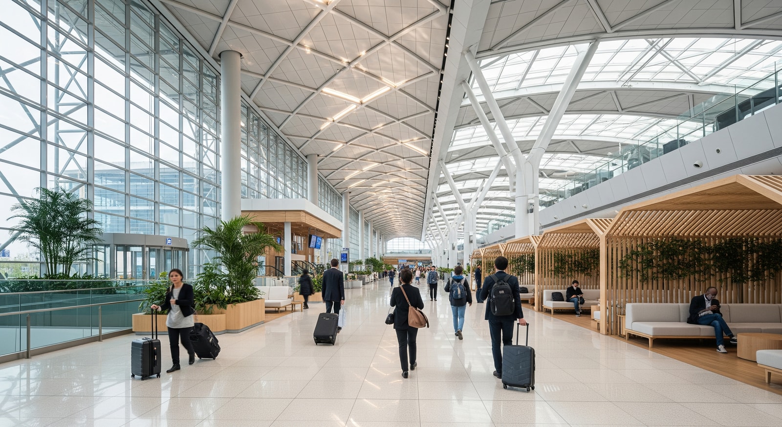Modern interior of Incheon International Airport with travelers