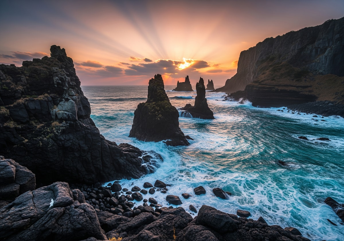 Dramatic coastline and volcanic rocks on Jeju Island